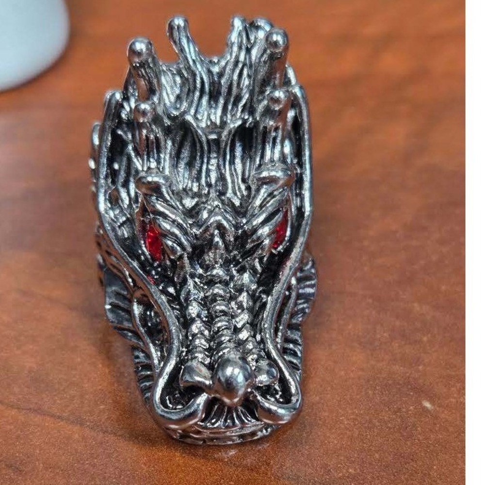 Mens Silver Tone Dragon Head Ring Red Eyes Gothic Biker Statement Size 10